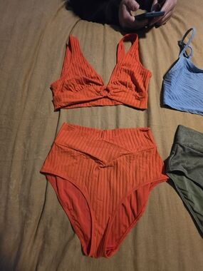 aerie Ribbed Two-Piece Bikini Set in Orange-Red